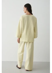 JASTE Women's Buttoned V-Neck Kimono & Elastic Waist Trousers Linen Set