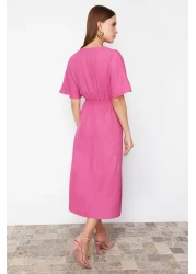  Collection Fuchsia Tie Detailed A-line V-neck Midi Woven Dress TWOSS23EL01543
