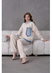 Miss Allos طقم قميص وبنطلون من الكتان بجيب أمامي مطرز باللؤلؤ والحجر للنساء