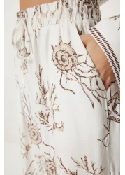 Happiness İstanbul طقم تونيك وبنطلون صيفي منقوش باللون البني للنساء FN03457