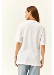 Olalook Women's White Cotton T-Shirt with Gold Buttons on the Sides TSH-19000762