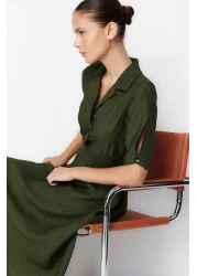  Collection Khaki A-line Shirt Collar Guiped Midi Woven Dress TWOSS21EL1023