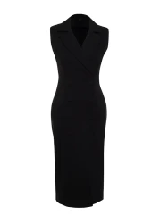  Collection Double Breasted Collar Black Midi Dress with Pencil Skirt - Button Detail, Sleeveless - TWOSS24EL00616