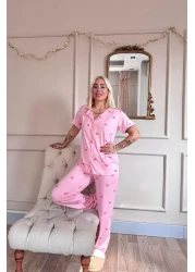 Pijamaevi Pink B Patterned Bamboo Front Buttoned Short Sleeve Pajama Set