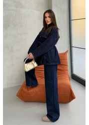 ASEDE Pocket Detailed Belted Navy Blue Denim Premium Jacket Jean Set