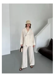 Laluvia طقم بنطلون كيمونو بزر واحد من القطن الطبيعي 100% مزدوج الصدر - 8351