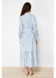  Modest Blue Shirt Dress with Gradient Stripes and Belted - Tctss24Eb00150