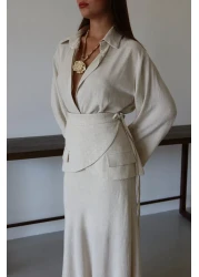 Laluvia Natural Skirt Belted Skirt Shirt Suit - 8763