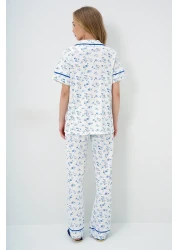 Trend Alaçatı Stili Women's Micro Floral Saks Single Pocket Piping Detailed Cotton Shirt and Pants Pajama Set Pjm-X13898