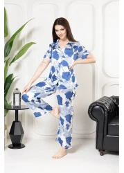mervemoda Women's Silk Satin Thin Summer Front Button Pajamas Set