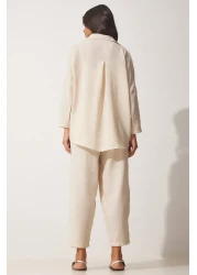 Happiness İstanbul طقم بنطلون شالوار قميص كتان كريمي نسائي DZ00080