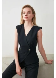  Collection بلوزة منسوجة مزدوجة الصدر بأزرار على شكل عظمة سوداء TWOSS20BZ0707