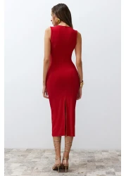  Collection Stylish Red Draped Knitted Evening Dress - Fitting on the Body, TPRSS24EL00161