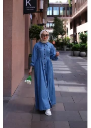 HARMAN BUTİK Buttoned Long Denim Hijab Dress Light Blue