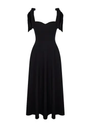  Collection Black A-Line Strap Binding Detail Woven Evening Dress Night Graduation Dress Tprss24El00251