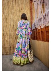 LOCCO فستان نسائي بنمط نباتي تجريدي وردي-بنفسجي