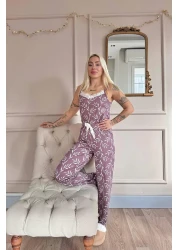 Pijamaevi طقم بيجامة نسائي محبوك بحزام حبل من الدانتيل باللون الأرجواني