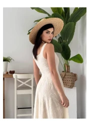 Afiş Butik فستان كتان مطرز بحزام سميك باللون البيج