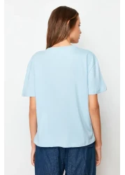  Collection Light Blue 100% Cotton Printed Relaxed/Wide Relaxed Cut Crew Neck Knitted T-Shirt TWOSS22TS1145