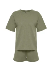  Collection Khaki Waffle Fabric Knitted Pajamas with Shorts Thmss22Pt0524