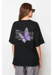  Collection Black 100% Cotton Front and Back Butterfly Printed Oversize/Wide Pattern Knitted T-Shirt TWOSS23TS00188