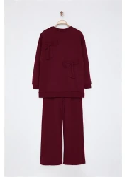  Modest Burgundy Ribbon Detailed Oversize Tracksuit Set Tctaw25Us00119