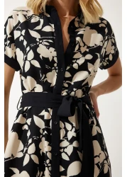 Happiness İstanbul Black Cream Floral Pattern Thin Viscose Summer Dress - DD01311