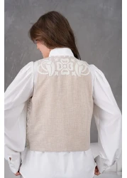 Miss Allos طقم سترة وبنطلون من الكتان للسيدات مع تطريز أمامي وخلفي باللؤلؤ والحجر