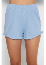  Collection Blue Cotton Ruffle Printed Shorts Knitted Pajamas Set Thmss22Pt0422