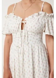 Lovelyİstanbul Patterned Strappy Ruffled Long Summer Viscose Dress Ecru Murdum Lub0112