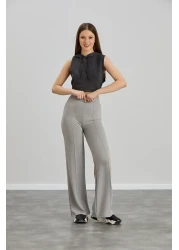 Alos بنطال نسائي رمادي فضفاض واسع الساق مخطط بخصر عالٍ وناعم ومطاط من الليكرا