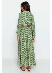  Modest Green Belted Skirt Flounced Flower Patterned Lined Woven Dress TCTSS23EB00111