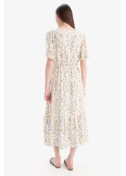 Defacto فستان صيفي متوسط ​​الطول بأكمام قصيرة ورباط على شكل زهرة على شكل حرف V D2835ax25sm