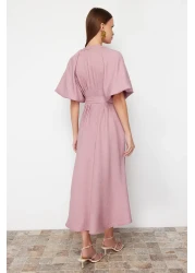  Modest Pink Belted Half Balloon Sleeve Linen Look Woven Shirt Dress TCTSS24EB00014