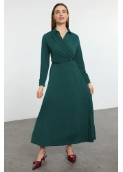  Modest Emerald Green Double Breasted Neckline Pleated Accessory Detail Knitted Dress Tctaw25Eb00138