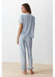  Collection Colorful Floral Pattern and Ruffle Knitted Pajamas Set - Blue THMSS24PT00232