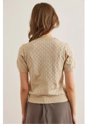 Olalook بلوزة تريكو نسائية بأكمام قصيرة منقوشة بأحجار الراين BLZ- 19002883