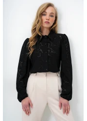 Trend Alaçatı Stili قميص نسائي منسوج بأكمام الأميرة باللون الأسود ALC-X4366