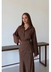 Laluvia Brown Skirt Belted Skirt Shirt Suit - 8763