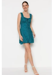  Collection Petrol Polka Dot Printed Square Neck Flounce A-Line Mini Knitted Dress TWOSS23EL00348