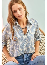 Bianco Lucci قميص فيسكوز نسائي مطوي وأكمام منقوشة بأوراق متعددة