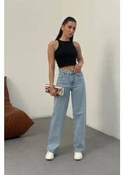 BİKELİFE بنطال جينز نسائي أزرق فاتح عالي الخصر من الليكرا قابل للتمدد وواسع الساق