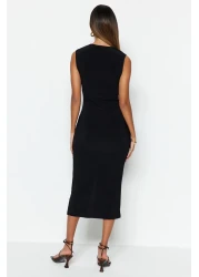  Collection Black Fitted/Body-Sitting Gather Detailed Midi Flexible Knitted Pencil Dress TWOSS23EL00751