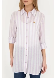 U.S. Polo Assn. قميص نسائي ذو مظهر كتان أرجواني - كم طويل50288408-VR034