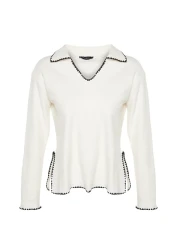  Collection Ecru Crochet Embroidery Detailed Corded Shirt Collar Regular Fit Knitted Blouse TWOAW24BZ00398