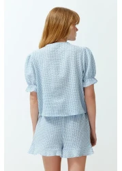 Collection Blue Textured Gingham Lacing/Ribbon/Bow Detailed Shorts Woven Pajamas Set Thmss24Pt00149