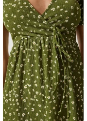 Happiness İstanbul فستان نسائي صيفي محبوك بياقة ملفوفة باللون الكاكي UB00267