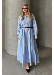 Olcay فستان بوبلين فضفاض بتفاصيل أزرار على الجانب أزرق-أبيض 9316-E