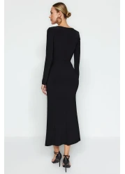  Collection Black Flounced Square Neck Fitted Maxi Stretchy Knitted Dress TWOAW24EL00613