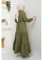 HARMAN BUTİK فستان نسائي من الكتان الكاكي بأزرار مكشكشة